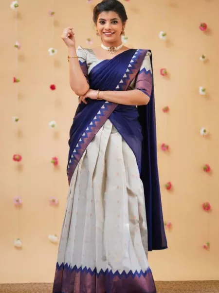 White Color Half Saree Lehenga Choli in Kanjivaram Silk With Dupatta South Indian Wedding Lehenga
