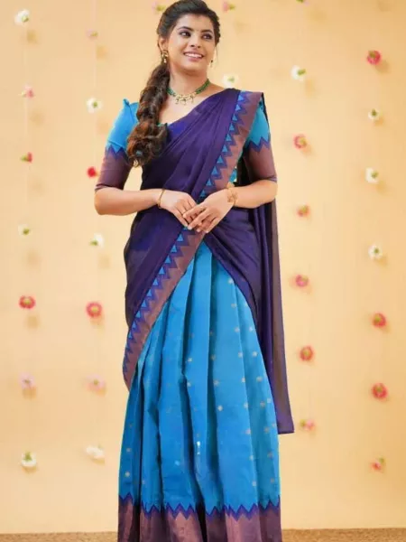Royal Blue Color Half Saree Lehenga Choli in Kanjivaram Silk With Dupatta South Indian Wedding Lehenga