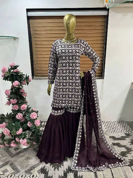 Wine Color Top Sharara Suit in Georgette With Heavy Embroidery and Sequence