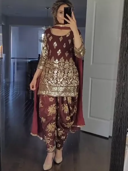 Punjabi Patiyala Suit in Maroon Color Georgette With Dhoti and Dupatta With Sequence Work