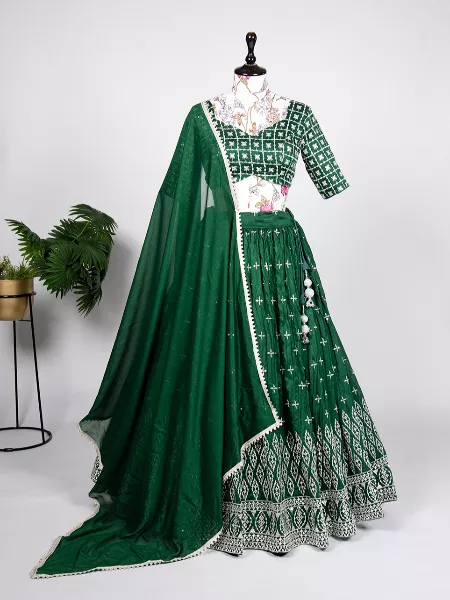 Green Color Neem Silk Lehenga Choli With Embroidery Sequins Work and Dupatta
