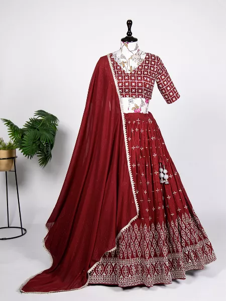 Maroon Color Neem Silk Lehenga Choli With Embroidery Sequins Work and Dupatta
