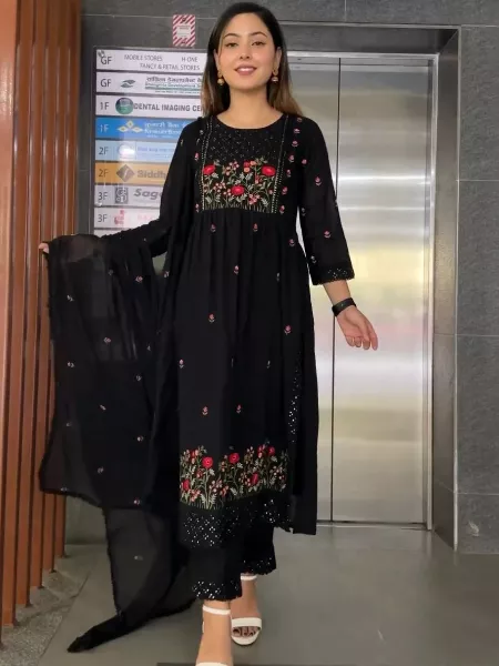 Black Color Nyra Cut Kurti Pant Set in Georgette With Beautiful Embroidery