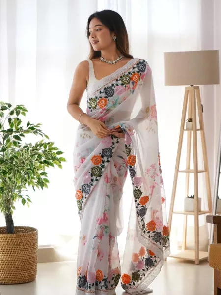 White Color Georgette Saree With Digital Print and Colorful Embroidery With Sequence Heavy Designer Saree