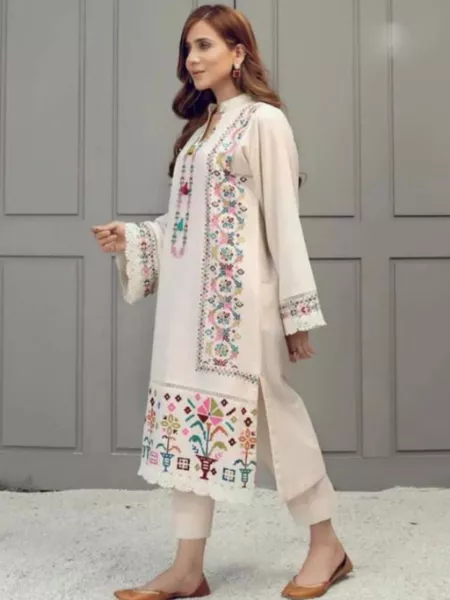 White Color Satin Salwar Kameez With Digital Print and GPO Lace Border