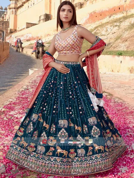 Teal Blue Wedding Lehenga Choli for Bridal in Banarasi Silk With Beautiful Embroidery