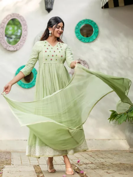 Pista Color Designer Party Wear Look Gown With Bottom and Dupatta
