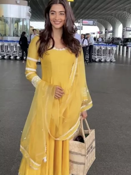 Pooja Hegde Salwar Siut in Yellow Malai Silk With Embroidery Work Bollywood Suit