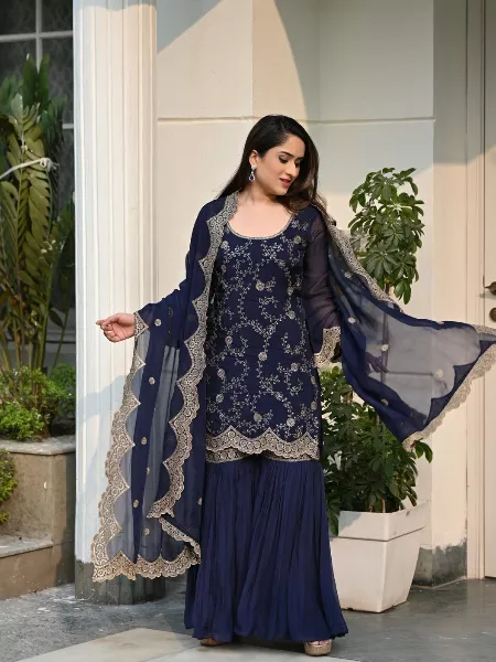 Royal Blue Designer Top Sharara Suit for Party Wear in Georgette With Embroidery