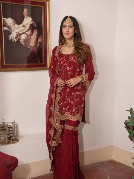 Maroon Designer Top Sharara Suit for Party Wear in Georgette With Embroidery