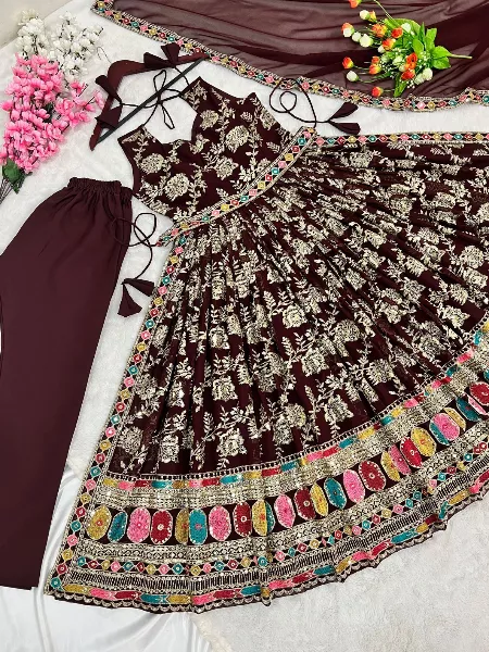 Wine Fancy Gown With Colorful Embroidery Work for Grand Entry and Function