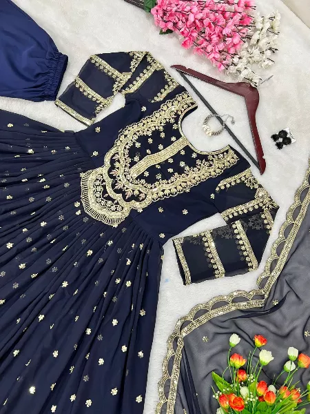 Navy Blue Designer Gown in Georgette With Heavy Embroidery Work and Dupatta