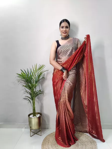 Maroon Color Ready to Wear Saree in Satin Fabric With Blouse and Zari Weaving