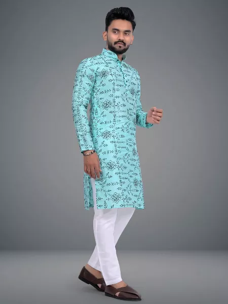 Men's Traditional Kurta Pajama Set in Sky Blue With Beautiful Embroidery Work in Soft Parbon Silk