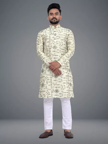 Men's Traditional Kurta Pajama Set in Cream With Beautiful Embroidery Work in Soft Parbon Silk
