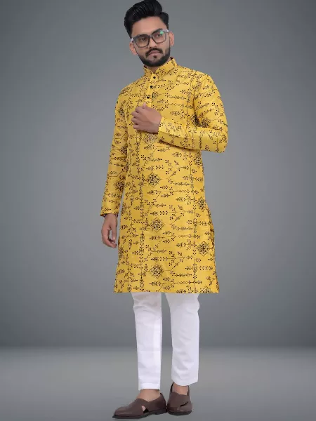 Men's Traditional Kurta Pajama Set in Yellow With Beautiful Embroidery Work in Soft Parbon Silk