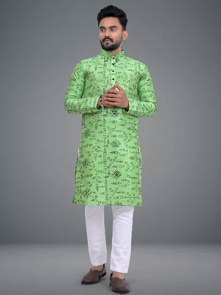Men's Traditional Kurta Pajama Set in Parrot With Beautiful Embroidery Work in Soft Parbon Silk