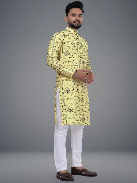 Men's Traditional Kurta Pajama Set in Lemon With Beautiful Embroidery Work in Soft Parbon Silk
