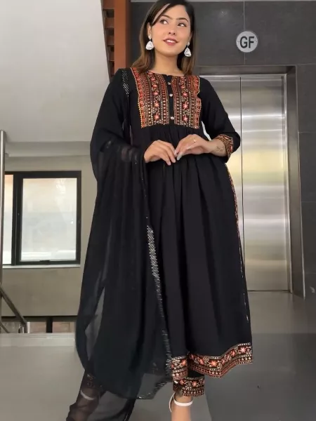 Black Georgette Top With Pant Set With Dupatta and Embroidery Work