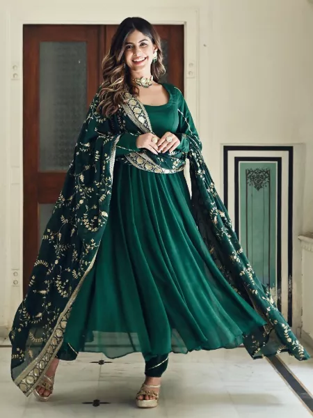 Green Color Party Wear Gown With Embroidery Work and Heavy Dupatta