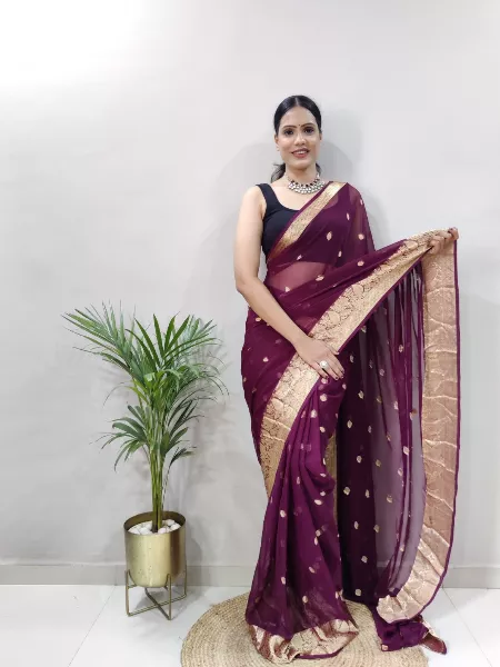 Wine Color Ready to Wear Saree in Georgette Fabric With Blouse and Zari Weaving