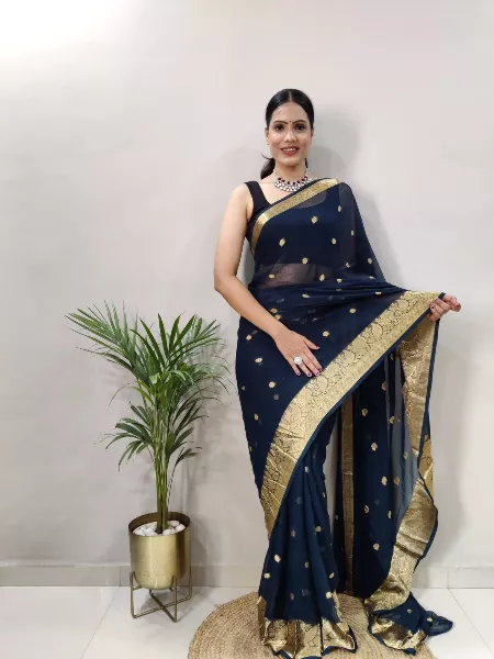 Navy Blue Color Ready to Wear Saree in Georgette Fabric With Blouse and Zari Weaving