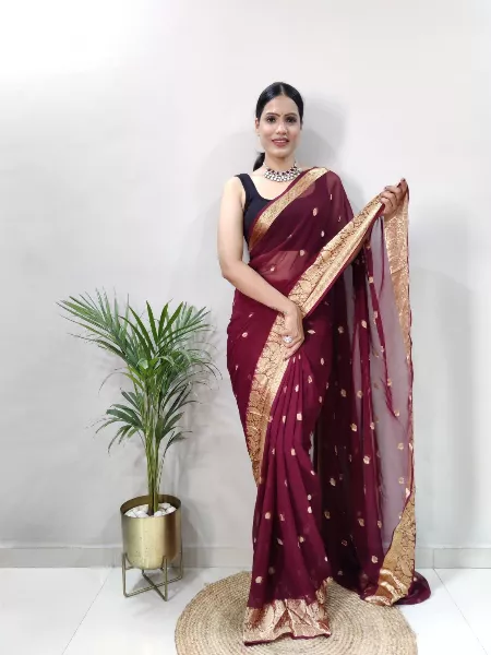Maroon Color Ready to Wear Saree in Georgette Fabric With Blouse and Zari Weaving