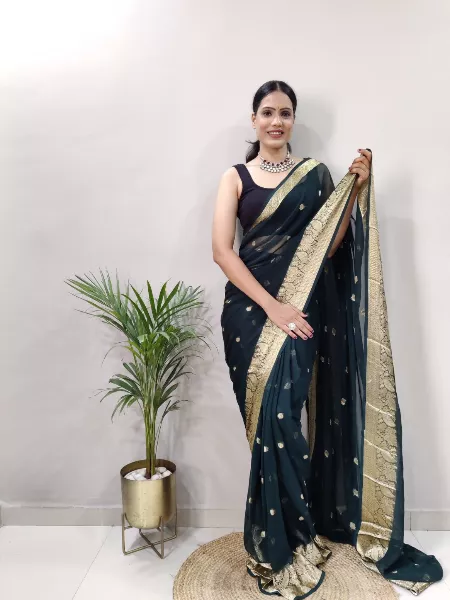 Bottle Green Color Ready to Wear Saree in Georgette Fabric With Blouse and Zari Weaving
