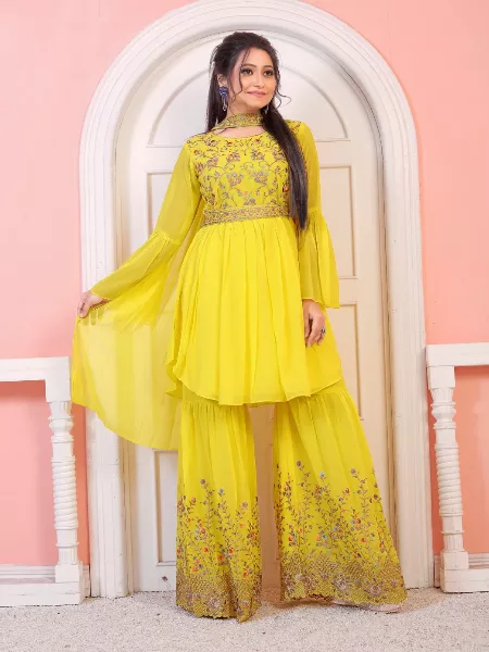 Yellow Color Haldi Ceremony Top With Sharara in Georgette With Embroidery Work