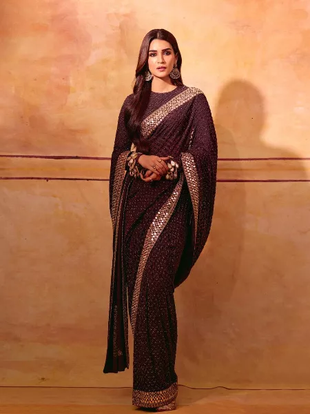 Kriti Sanon Saree in Wine Color Georgette With Sequence Embroidery Work