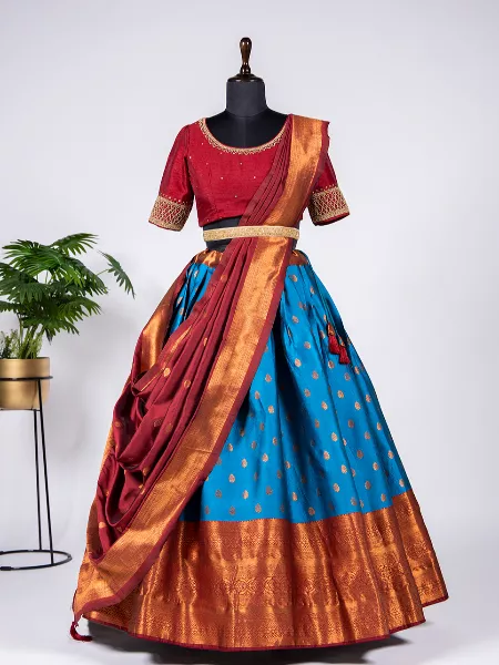 Blue Color South Indian Lehenga Choli in Silk With Zari Weaving Pattu Lehenga Choli