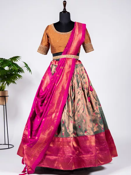 Mehendi Color South Indian Lehenga Choli in Silk With Zari Weaving Pattu Lehenga Choli