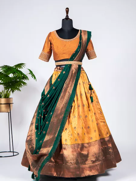 Mustard Color South Indian Lehenga Choli in Silk With Zari Weaving Pattu Lehenga Choli