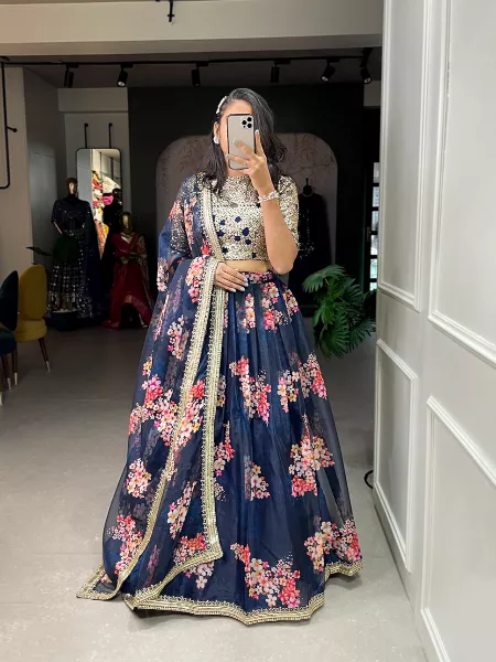 Navy Blue Color Organza Lehenga Choli With Digital Print and Embroidery Lace