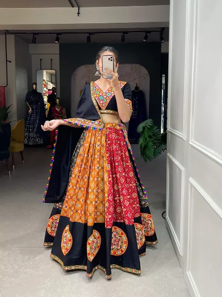 Navratri Chaniya Choli With Traditional Gamthi and Mirror Work Readymade Lehenga Choli with 6 Meter Flair