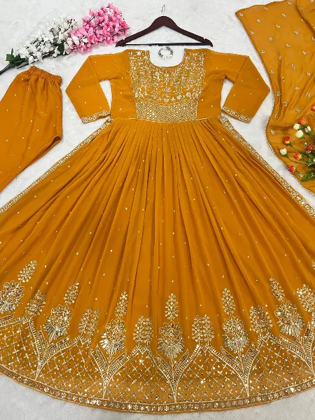 Mustard Color Heavy Gown for Wedding and Reception With Embroidery Work in Georgette