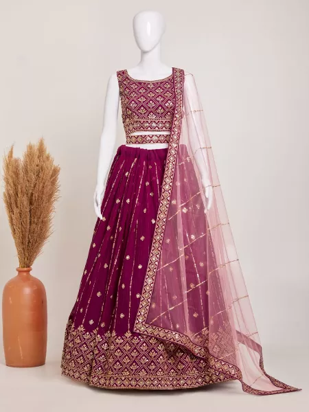 Wine Color Bridal Lehenga Choli in Crush Pattern Georgette With Sequins Embroidery