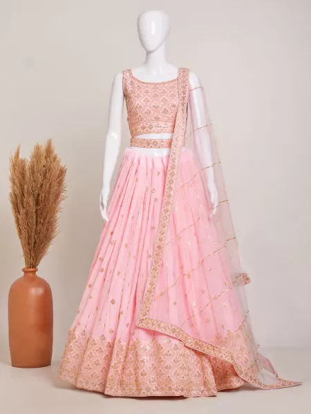 Light Pink Color Bridal Lehenga Choli in Crush Pattern Georgette With Sequins Embroidery