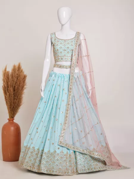 Sky Blue Color Bridal Lehenga Choli in Crush Pattern Georgette With Sequins Embroidery