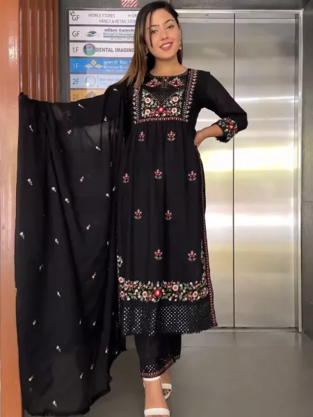 Black Color Georgette Salwar Kameez With Fancy Nyra Cut and Embroidery Work
