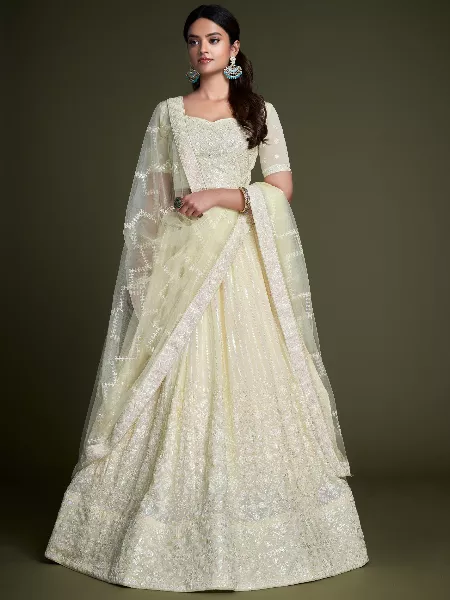 Light Lemon Indian Wedding Lehenga Choli With Heavy Designer Sequins Embroidery