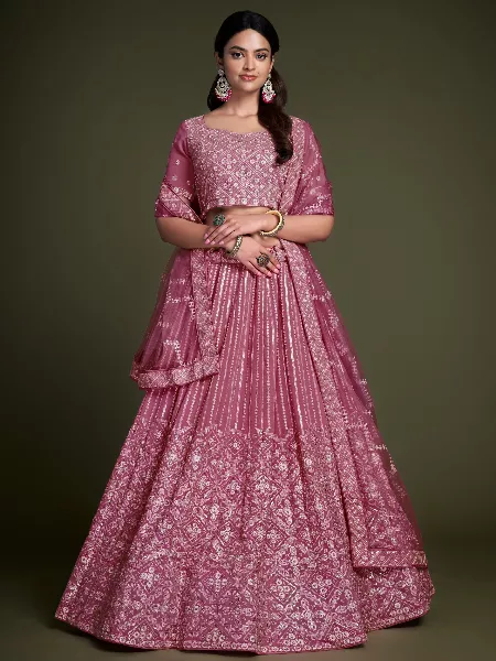 Onion Pink Indian Wedding Lehenga Choli With Heavy Designer Sequins Embroidery