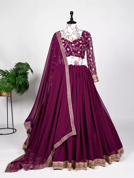 Wine Color Lehenga Choli in Georgette With Sequins and Embroidery Thread Work