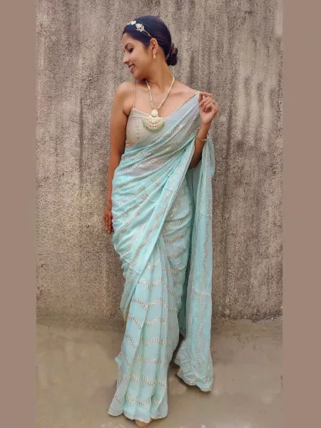 Sky Blue Bollywood Saree in Georgette With Sequence Embroidery Work