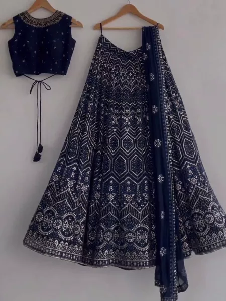 Navy Blue Bridal Lehenga Choli With Heavy Sequence Embroidery Work Indian Wedding Lehenga
