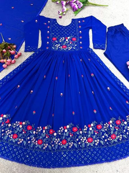 Royal Blue Color Nyra Cut Kurti Pant Set in Georgette With Beautiful Embroidery