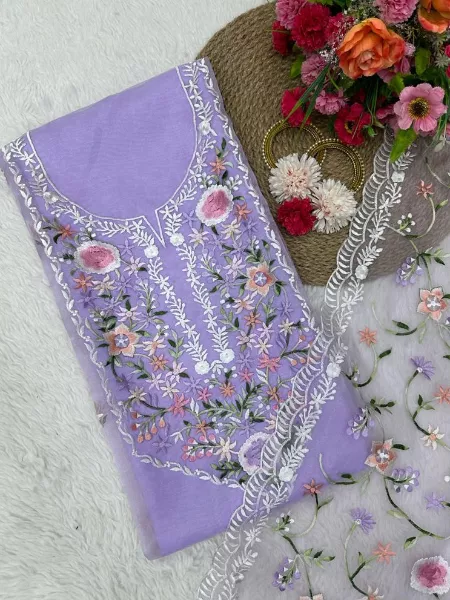 Lavender Organza Dress Material With Thread Embroidery Work Parsi Embroidery Collection