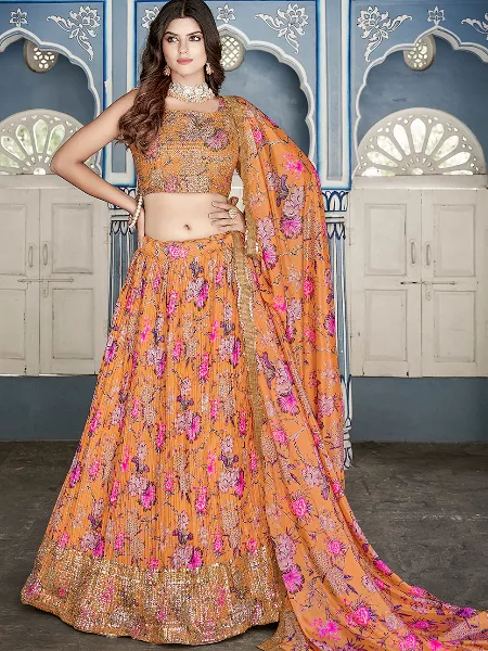 Orange Color Crushed Chinon Lehenga Choli With Digital Print with Sequins Embroidery Work
