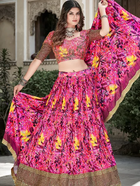 Pink Color Crushed Chinon Lehenga Choli With Digital Print with Sequins Embroidery Work