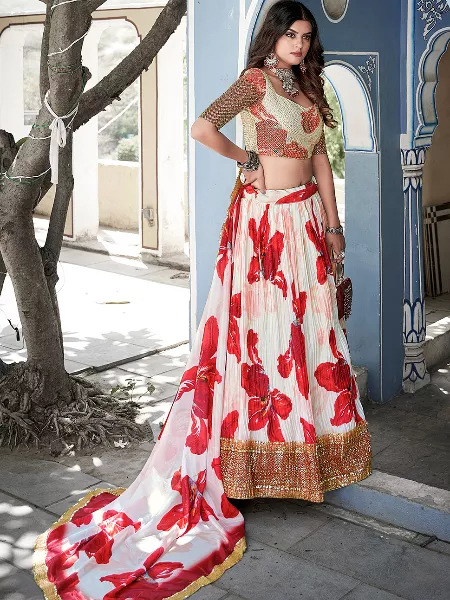 Red Color Crushed Chinon Lehenga Choli With Digital Print with Sequins Embroidery Work